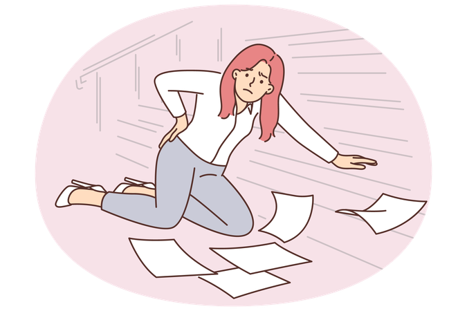 女性会社員が階段から落ちて背中を負傷、書類や書類を床に落とす  イラスト