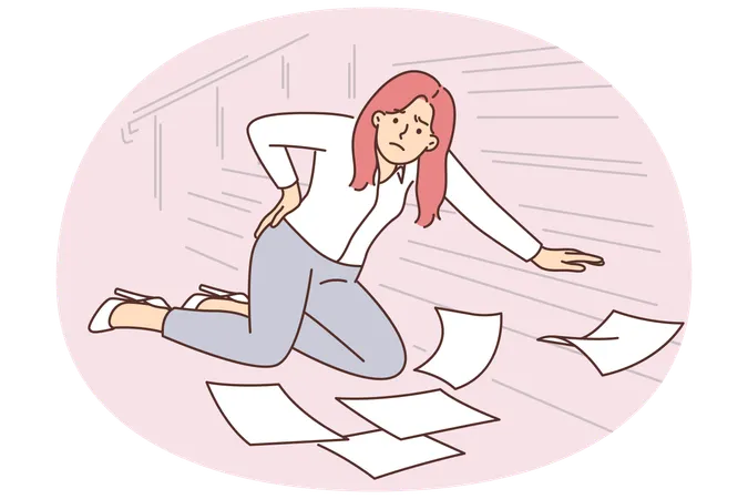 女性会社員が階段から落ちて背中を負傷、書類や書類を床に落とす  イラスト