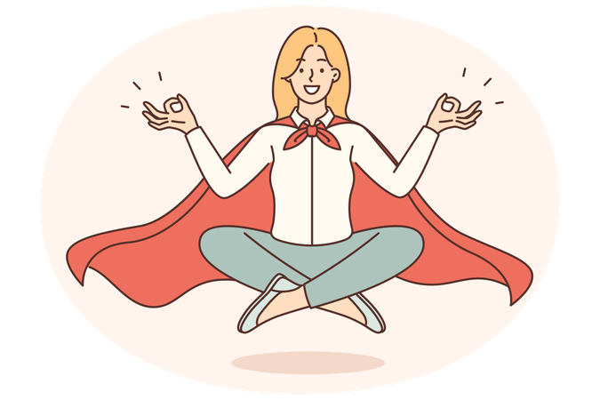 Woman office worker in superhero cape meditating and does yoga for harmony and balance  Illustration