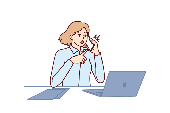 Woman office worker points to phone and makes call to partner  Illustration