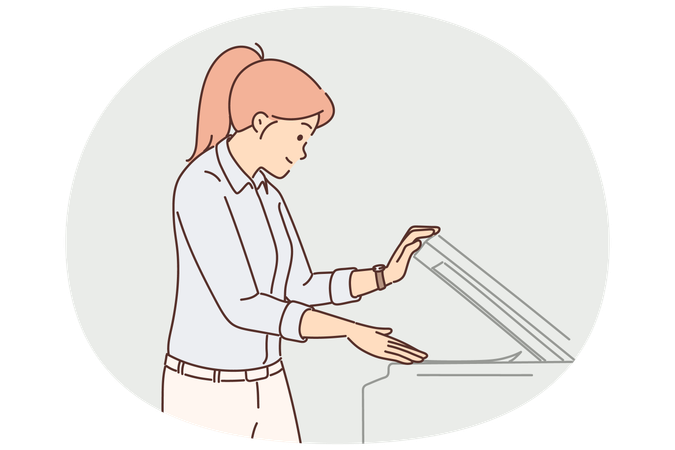 Woman office worker uses copy machine to scan document or fax paper to conclude agreement  Illustration