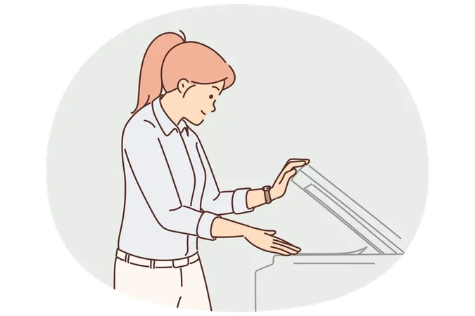 Woman office worker uses copy machine to scan document or fax paper to conclude agreement  Illustration