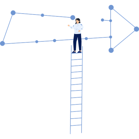 Woman on a Ladder Reaching for a Network of Nodes and Lines  Illustration