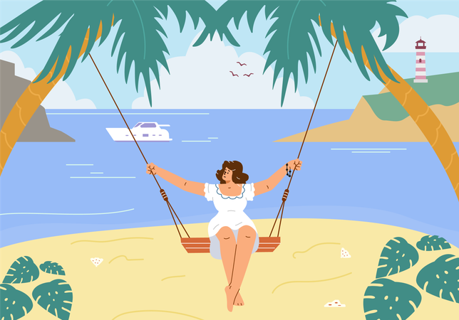 Woman on a swing at a seaside resort  Illustration