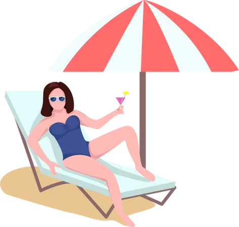 Woman On Beach Longue With Sunshade Semi Flat Color Vector Character Sitting Figure Full Body Person On White Beach Relaxation Simple Cartoon Style Illustration For Web Graphic Design And Animation Illustration