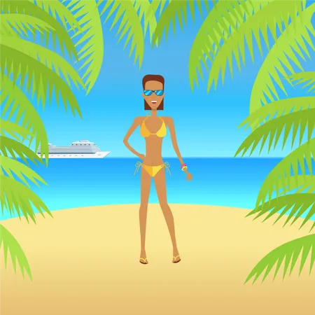 Woman on Beach with Sand and Palm  Illustration