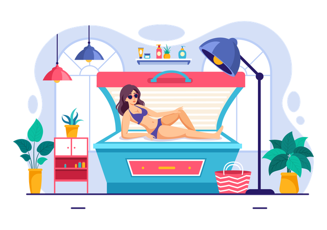 Woman on Bed Procedure to Get Exotic Skin with Modern Technology at Spa Solarium  Illustration