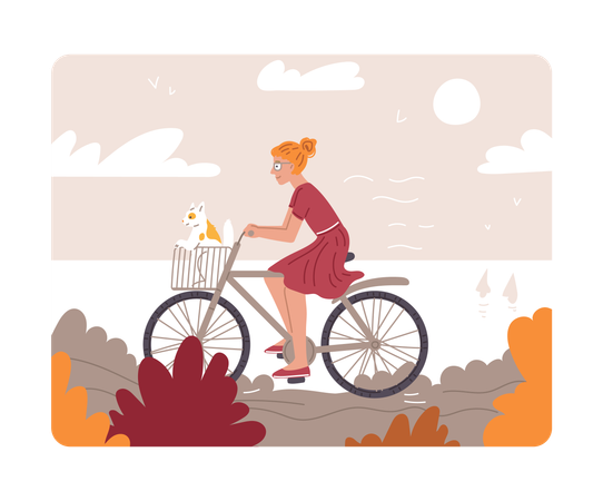 Woman on bicycle with cat in basket  Illustration