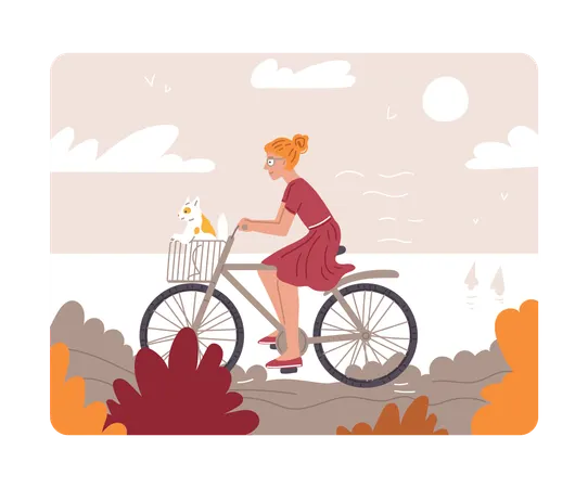 Woman on bicycle with cat in basket  Illustration