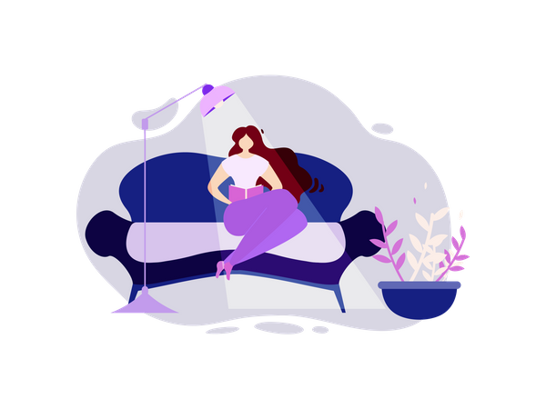 Woman on Comfortable Couch with Book in Hand Illustration