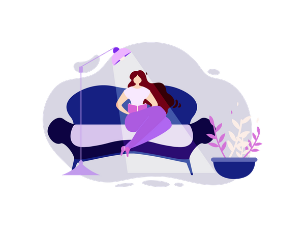 Woman on Comfortable Couch with Book in Hand  Illustration