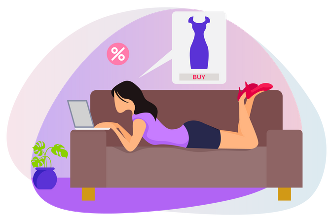 Woman on couch doing online shopping Illustration