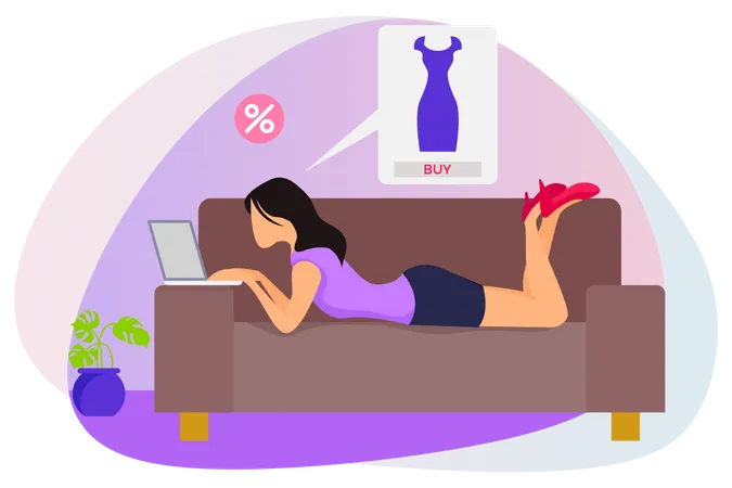 Woman on couch doing online shopping  Illustration