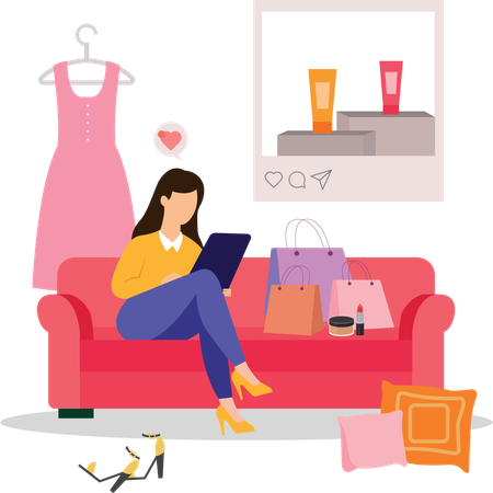 Woman on couch doing online shopping  Illustration