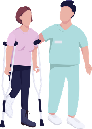 Woman on crutches and doctor  Illustration