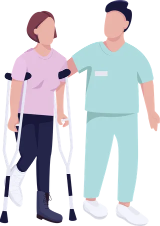 Woman on crutches and doctor  Illustration