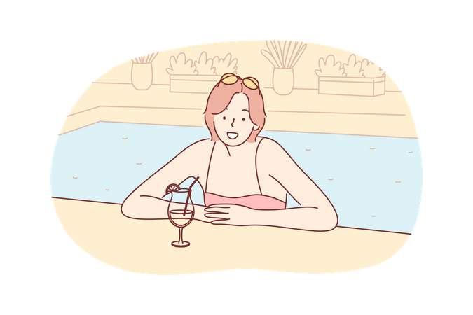 Woman on holiday rest at hotel swimming pool with cocktail  Illustration