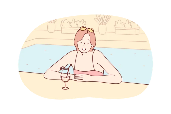 Summer Vacation Holiday Rest Tourism Travelling Concept Woman Girl Tourist On Holiday Rest At Hotel Swimming Pool With Cocktail Looking Straight At Camera Summer Vacation At Sea Ocean Resort Illustration