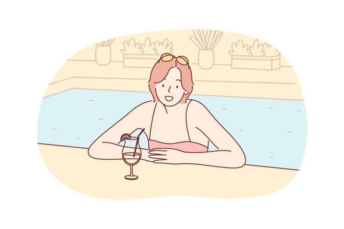 Woman on holiday rest at hotel swimming pool with cocktail  Illustration