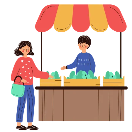 Woman on market buys vegetables  Illustration