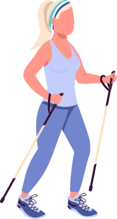Woman On Nordic Walk Semi Flat Color Vector Character Active Figure Full Body Person On White Exercising Outdoor Isolated Modern Cartoon Style Illustration For Graphic Design And Animation Illustration
