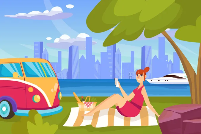 Woman on outdoor picnic  Illustration