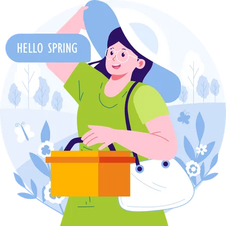 Woman on picnic in spring season  Illustration