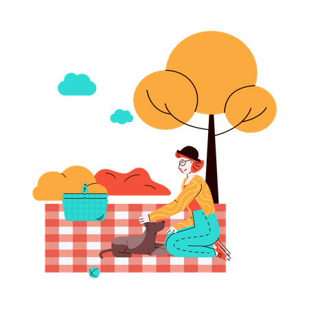 Woman on picnic with pet dog  Illustration