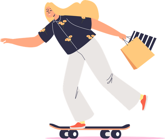 Woman on skate holding shopping bags Illustration