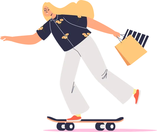 Woman on skate holding shopping bags  Illustration