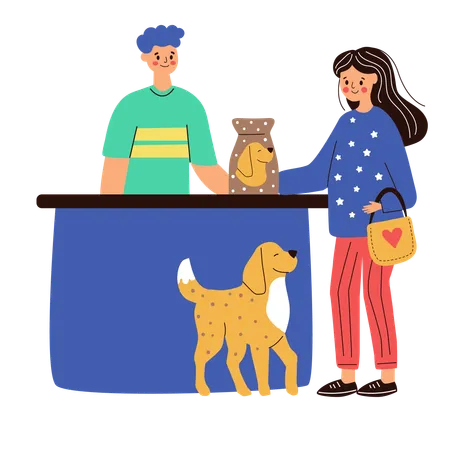 Woman on supermarket buys food for dog  Illustration