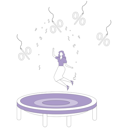 Woman on trampoline trying to catch discount price tag  Illustration