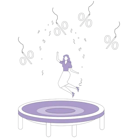 Woman on trampoline trying to catch discount price tag  Illustration
