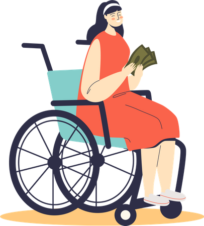 Woman on wheelchair holding money Illustration