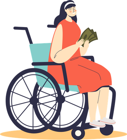 Woman on wheelchair holding money  Illustration