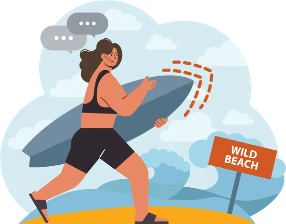 Woman on wild beach alone  Illustration