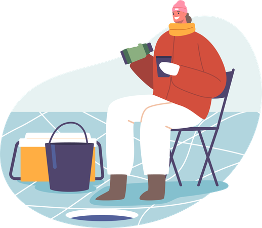 Woman On Winter Fishing and Sipping Hot Tea From Trusty Thermos While Ice Fishing  イラスト