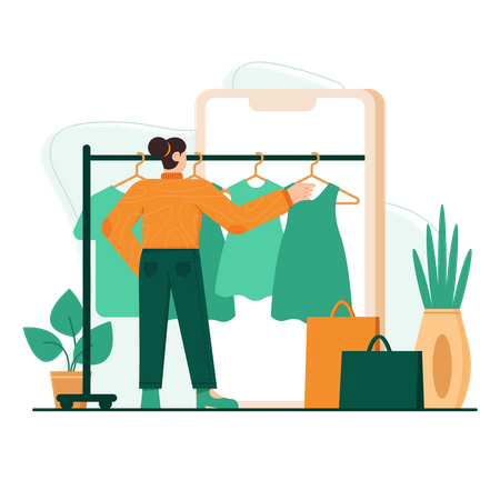 Woman online purchasing fashion products Illustration