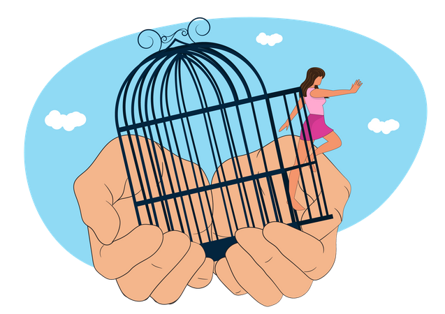 Woman open cage Overcoming fear and doubt Illustration