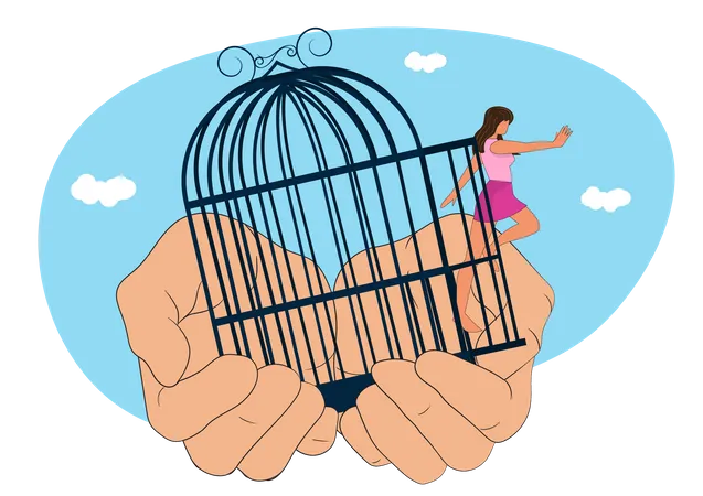 Woman open cage Overcoming fear and doubt Illustration