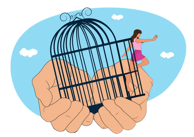 Woman open cage Overcoming fear and doubt  Illustration