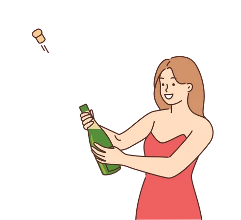 Woman opening champagne bottle  Illustration