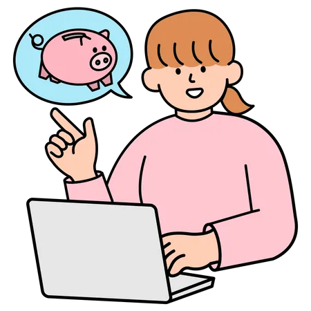 Woman Opening Computer and Discussing Piggy Bank  Illustration