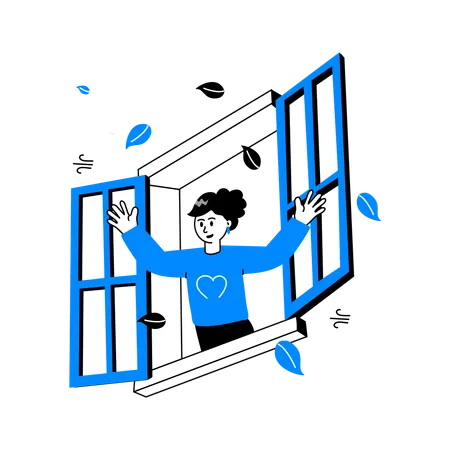 Woman opening window in Morning Time  Illustration