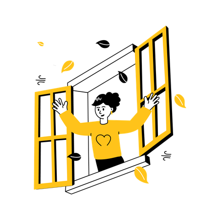 Woman opening window in Morning Time  Illustration