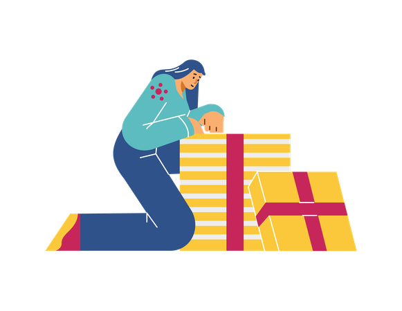 Woman opens a gift box and looks into it  Illustration