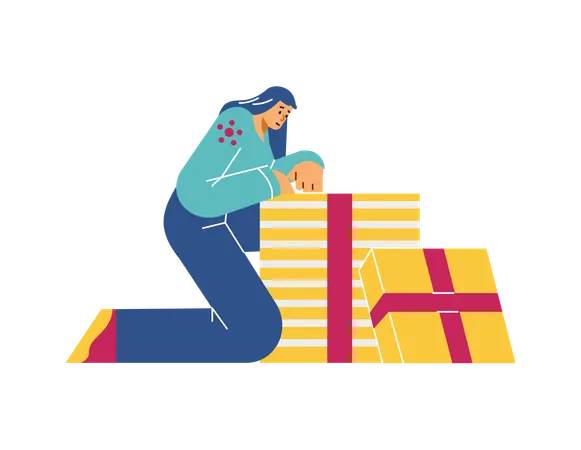 Woman opens a gift box and looks into it  Illustration
