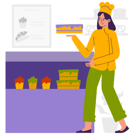 Woman opens her new Cake and Bakery shop  Illustration