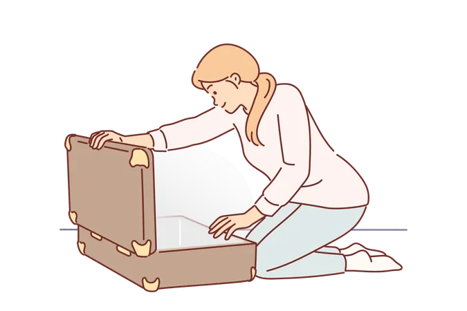 Woman Opens Large Suitcase And Sees Glow For Concept Of Discovering Treasure With Valuables Or Money And Jewelry Lucky Girl Dressed In Casual Clothes Kneeling Near Suitcase With Treasure Illustration
