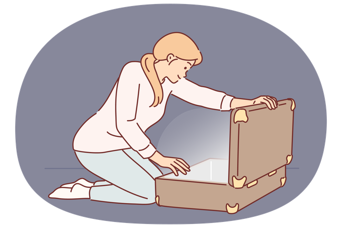 Woman opens large suitcase and sees glow for concept of dcovering treasure with valuables  Illustration